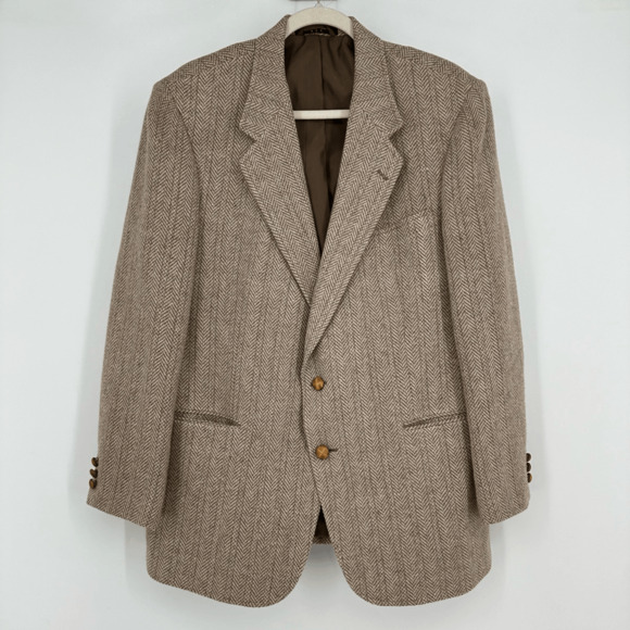 Vintage Mens Wool Tweed Sport Coat 44R Brown Herringbone Two Buttons Preppy - Picture 15 of 15